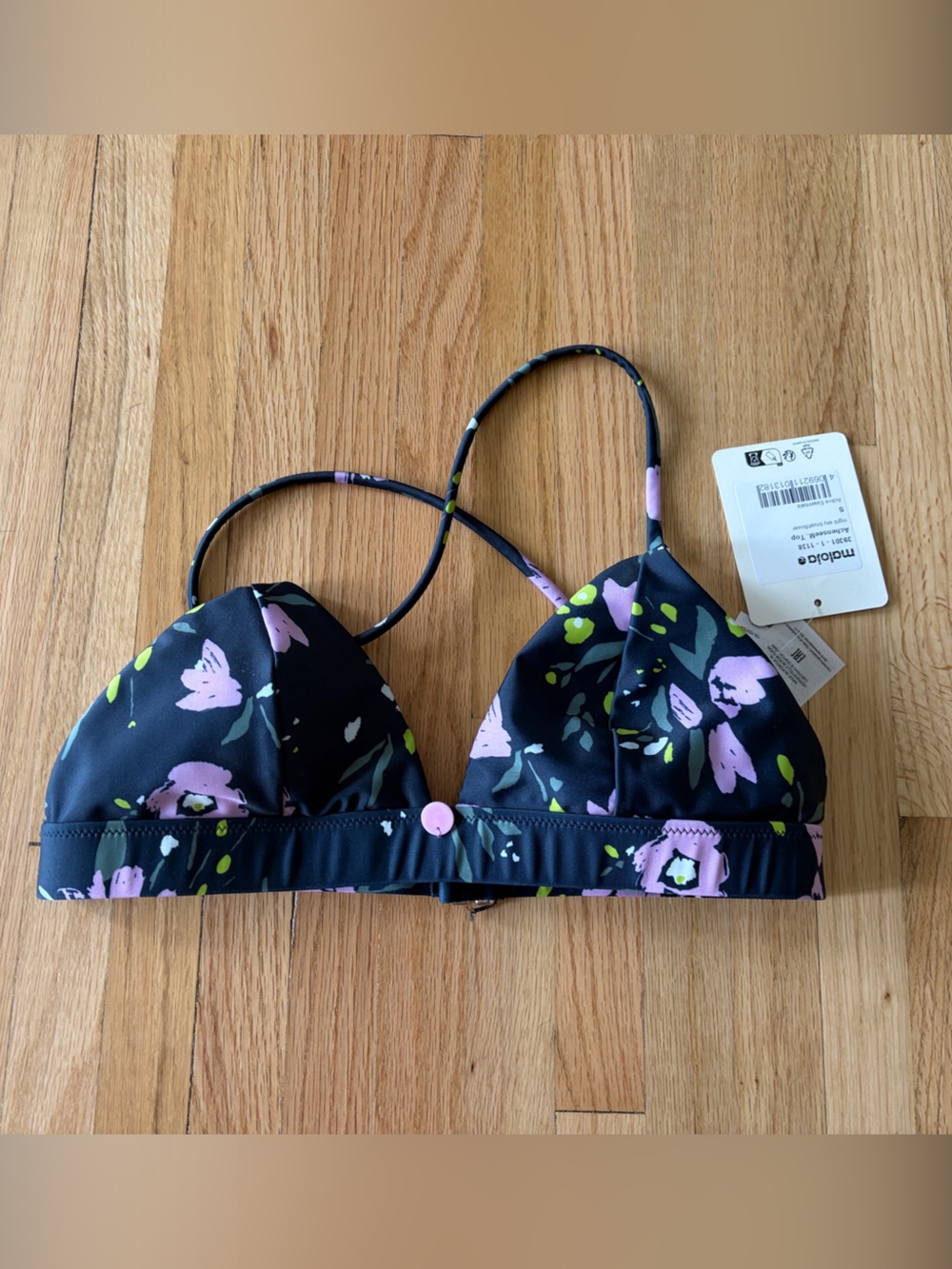 Floral Triangle Bikini Top in Black with Pink & Green Accents